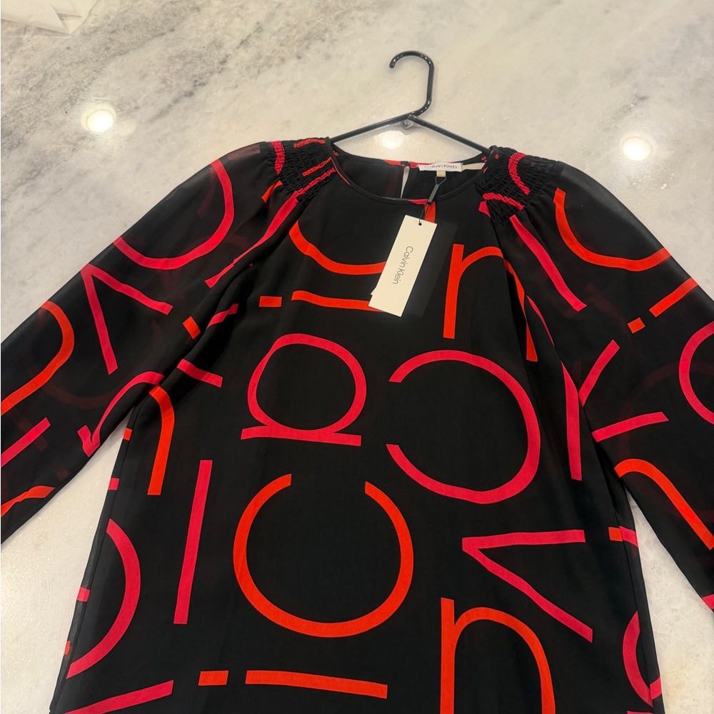 Calvin Klein Charcoal Dress with Vibrant Red Patterns